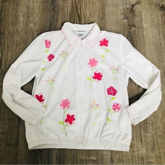 Alfred Dunner Jackets & Blazers - Alfred Dunner White Floral Beaded Long Sleeve Lightweight Zip Up Jacket Sz Small